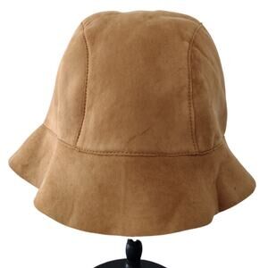Vintage 1970s Gates Tan Leather Bucket Hat Faux Sherpa Fur Lining One Size OSFM
